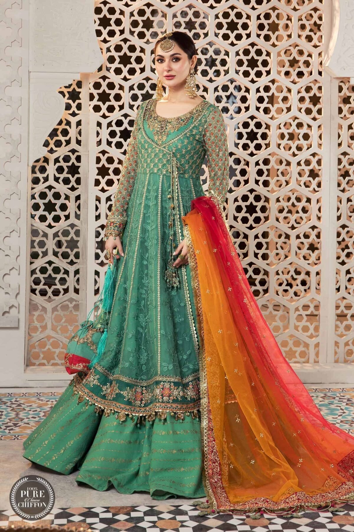 Maria.B Chiffons Unstitched Eid Collection - MPC-21-108-Sea Green and Fuchsia Pink