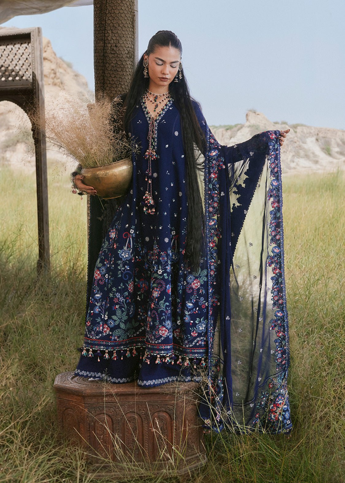 Hussain Rehar Merlot ready to wear suit front view