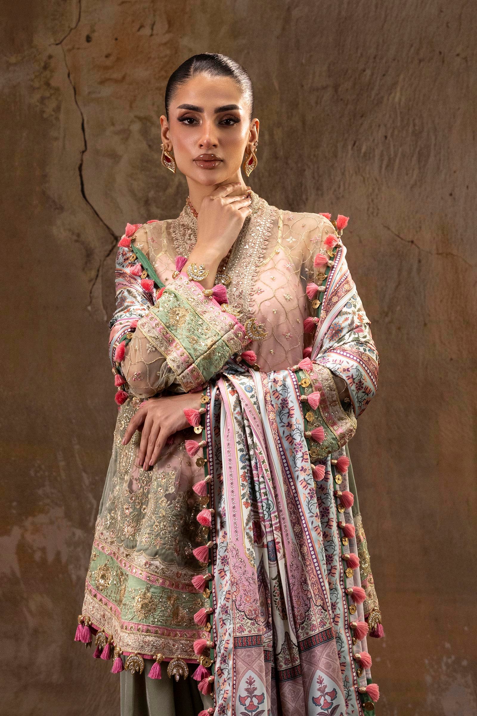 Unstitched Printed 3 Piece Raw Silk & Net Suit - Detail View