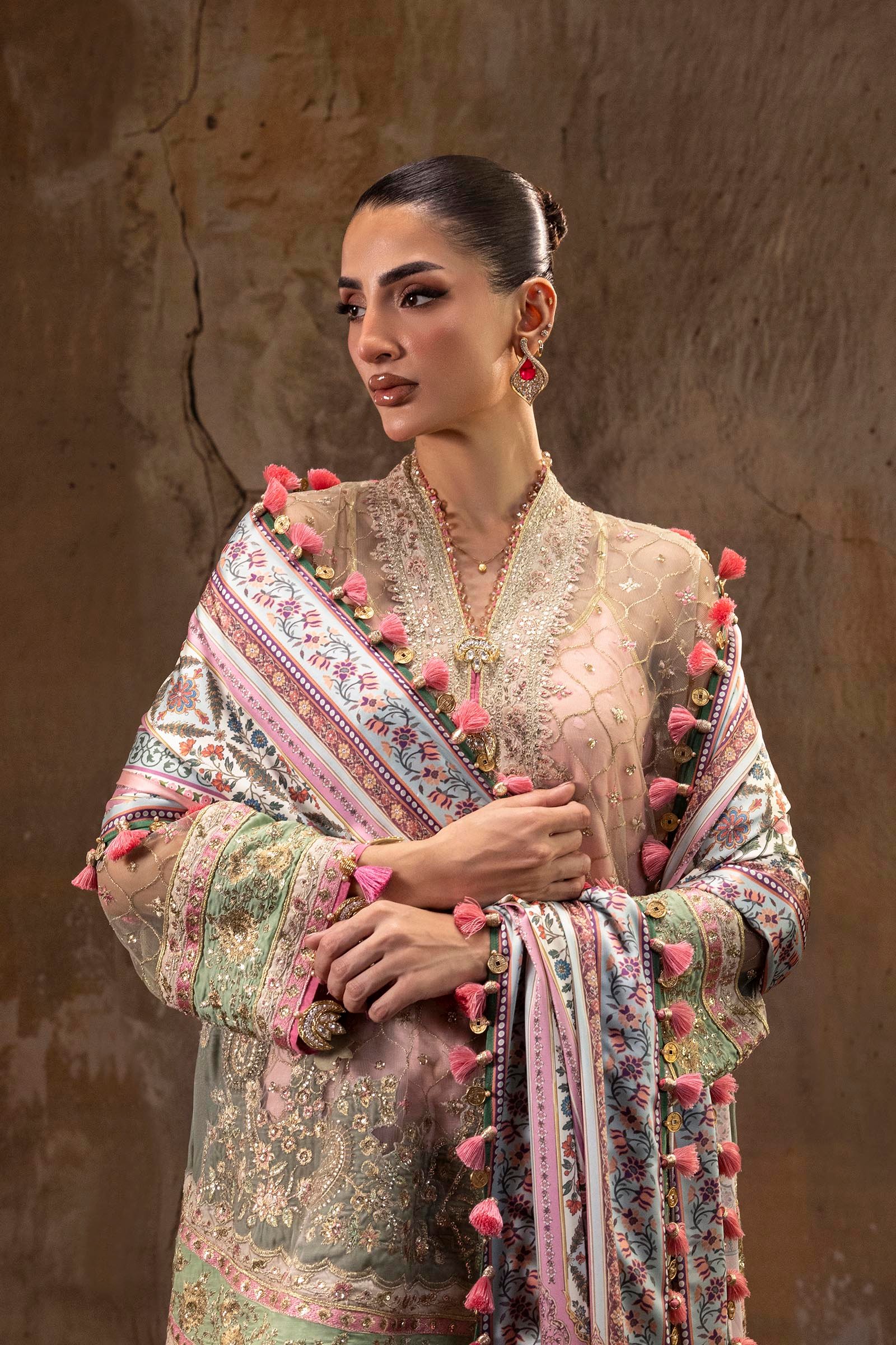 Unstitched Printed 3 Piece Raw Silk & Net Suit - Fabric Detail