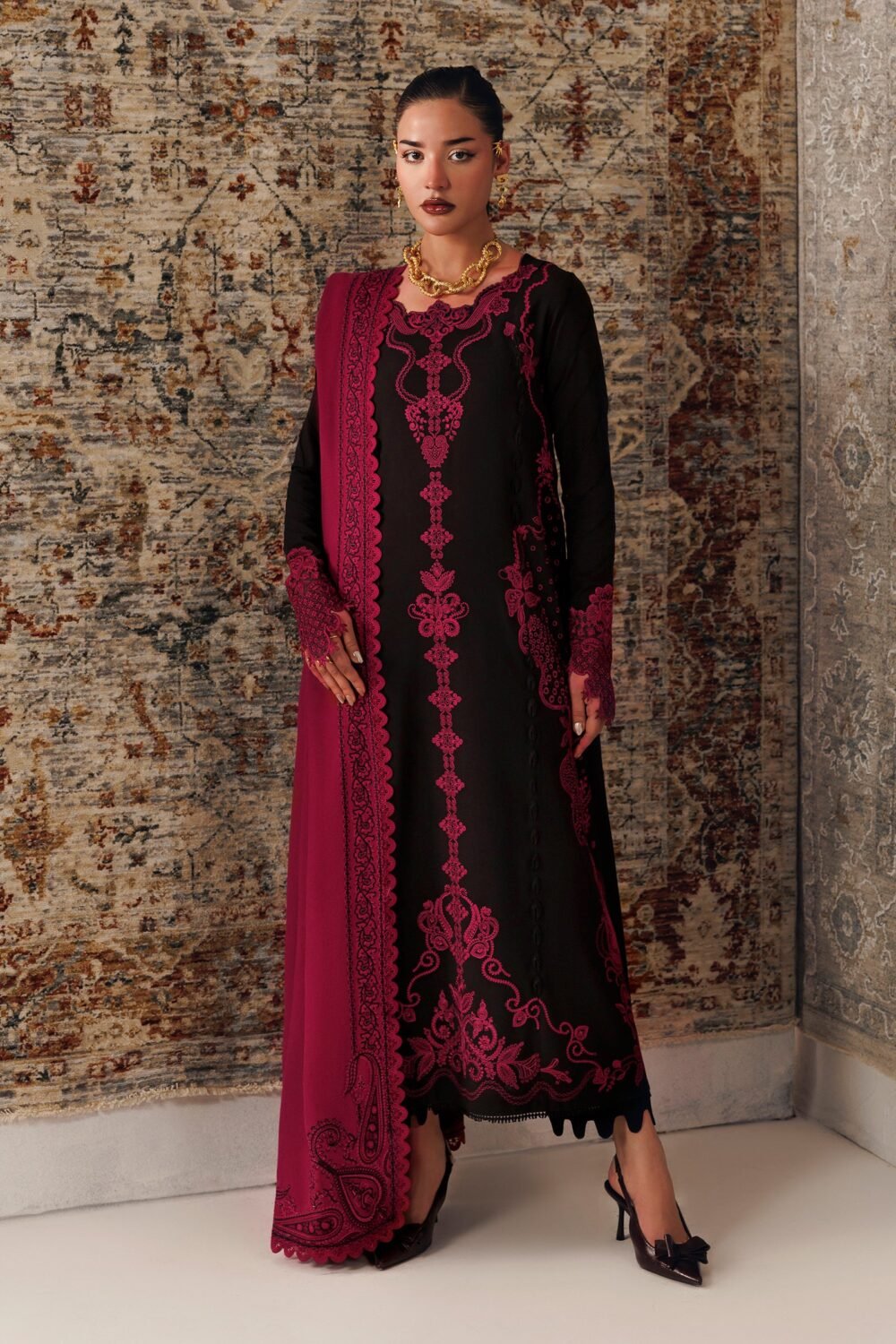 Qalamkar QLW-12 Yani ready to wear suit front view
